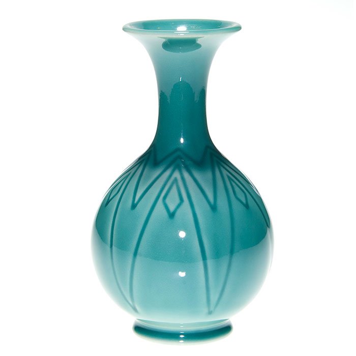 Rookwood production vase, 1956, geometric, 7 1/4”: Blue high glaze Rookwood production vase with geometric designs, quite possibly an Earl Menzel design, done in 1956. Marks include the company logo, the date, shape number 7075 and the notation in sma