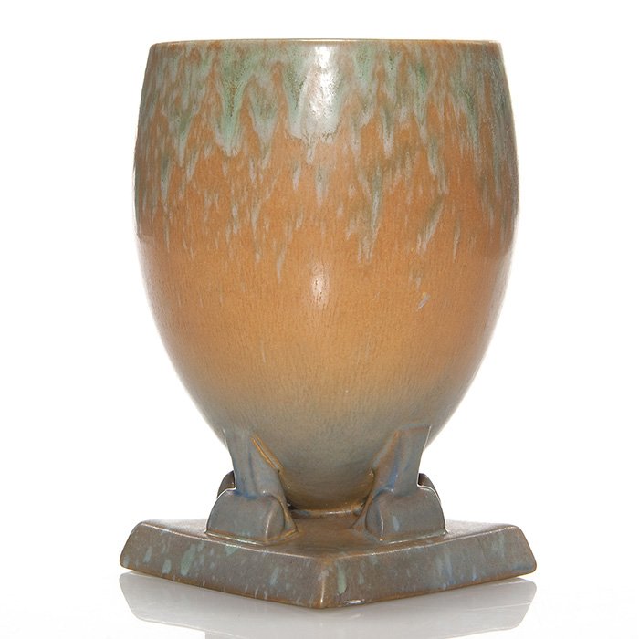Roseville Futura “Ostrich Egg” vase, 400-7”, 7 1/2”: Roseville Futura “Ostrich Egg” vase decorated with green, blue and orange mat glazes. Marked on the bottom 400 in crayon. Shape is 400-7”. Height is 7 1/2 inches. There is fine overall crazing a
