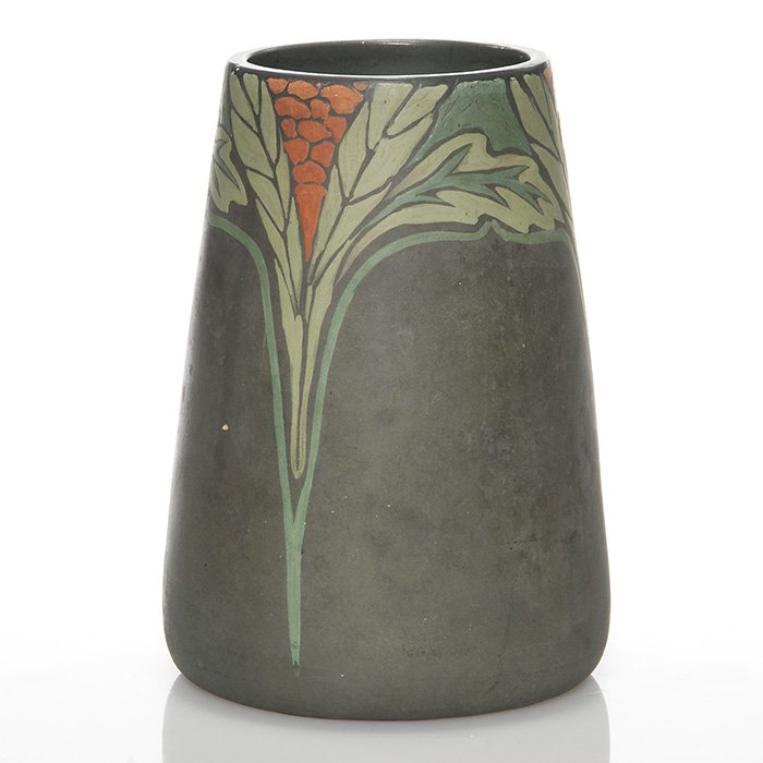 Rare Weller Painted Matt floral vase, 7 1/8”: Rare Weller Painted Matt vase with a repeating floral decoration. Impressed on the bottom “Weller Ware”. There are a number of tiny glaze nicks and the top appears to have been cut off and repaint