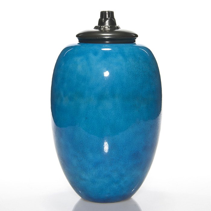 Cowan covered vase, eqyptian blue, 11 3/4”: Cowan Pottery covered vase, attributed to R. Guy Cowan, with the vase covered in the Egyptian Blue glaze and the lid in Black mat. The vase is impressed with the circular Cowan logo and Cowan in block