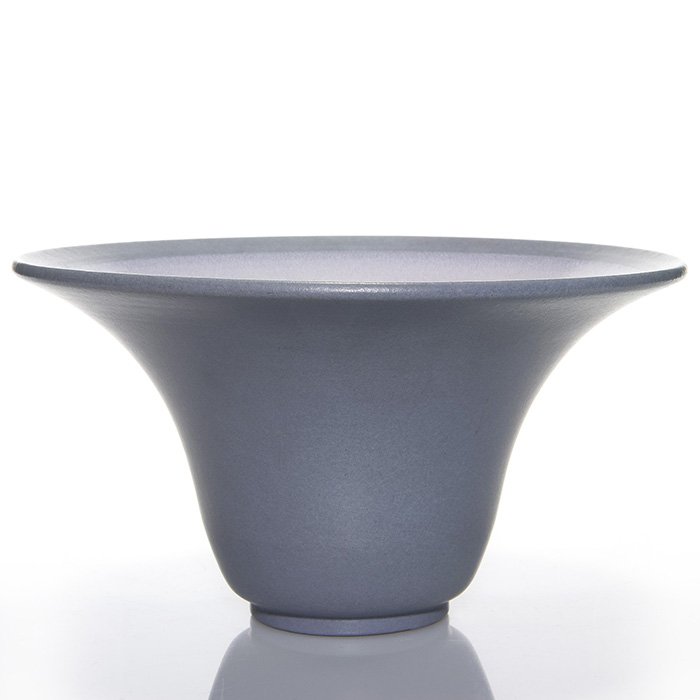 Marblehead vase, flared rim, gray mat, 5 1/2”: Marblehead flared rim vase decorated with a gray mat exterior and a light pinkish purple interior. Marked on the bottom with the impressed Marblehead “ship” logo. Height is 5 1/2 inches and 9 3/4 