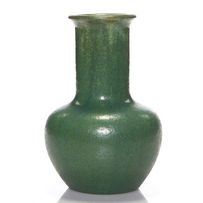 Fulper Pottery vase, green crystalline, 7 7/8”: Fulper Pottery vase covered with a dark green over a lighter green glaze for a nice crystalline effect. Marked on the bottom with the vertical Fulper “racetrack” ink stamp. Height is 7 7/8 inches.