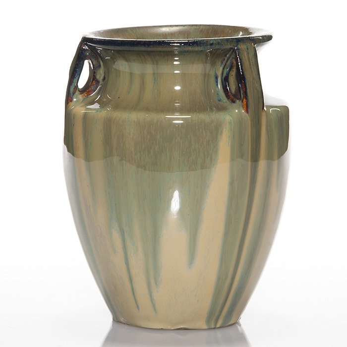 Fulper bullet vase, flambe’, unmarked, 6 1/2”: Fulper Pottery bullet vase covered with a tan flambe’ over which a dark blue flambe’ glaze has been dripped. The bottom has been incised with “2GB” but no Fulper marks are visible. This is pos