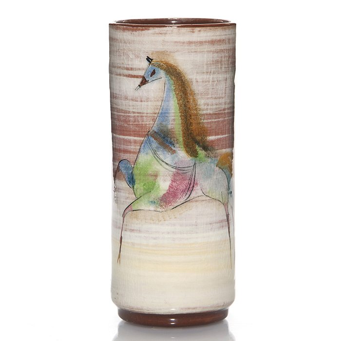 Polia Pillin vase, horses, 9”: Polia Pillin 9 inch vase decorated with a pair of colorful prancing horses. Signed “Pillin” on the bottom in black slip. There is fine overall crazing and a single tight line descending from the r