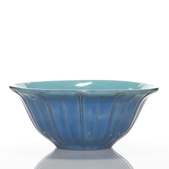 California Faience carved bowl, blue over blue, 3 1/4”: California Faience bowl with a carved leaf design. Entire piece has been covered with a turquoise blue with the exterior then having a darker blue applied. Size is 3 1/4 inches high and 7 1/2 inches a