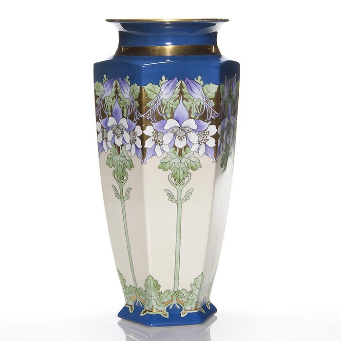 Bernardaud Limoges porcelain vase, columbine, 15”: Impressive Bernardaud Limoges France porcelain vase hand decorated with tall stalks of columbine in a pretty lavender blue silhouetted against a gold band. Height 15 inches. Abundance of bright gold a