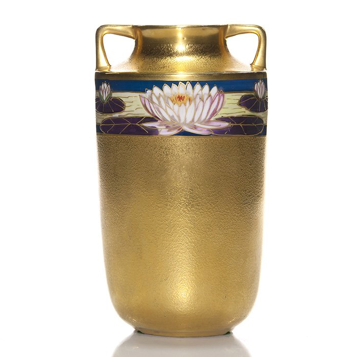 Pickard 2 handles vase, lotus, James, 6 3/4”: Unusual Pickard twin handled vase, a combination of Etched China gold finish and a band of lotus blossoms, boldly hand painted by Florence James, circa 1919-1922. The vase itself is marked only with t