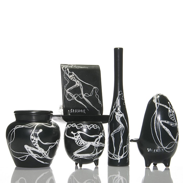 Sascha Brastoff 5 piece set, nudes, tallest 13”: Sascha Brastoff Pottery 5 piece set, all decorated with nudes done in white slip against a black semi gloss ground. 1) 13 inch bottle vase marked with shape number 083. 2) 7 7/8 inch Egg shaped footed