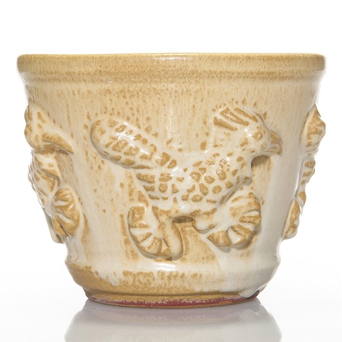 Harding Black “Roadrunner” vase, 4 1/2 x 5 3/4”: Charming Harding Black “Roadrunner” vase from 1971 done in a cream glaze over the tan body. Four roadrunners race around the vase and appear to be hand modeled. Incised “Harding Black 1971” on