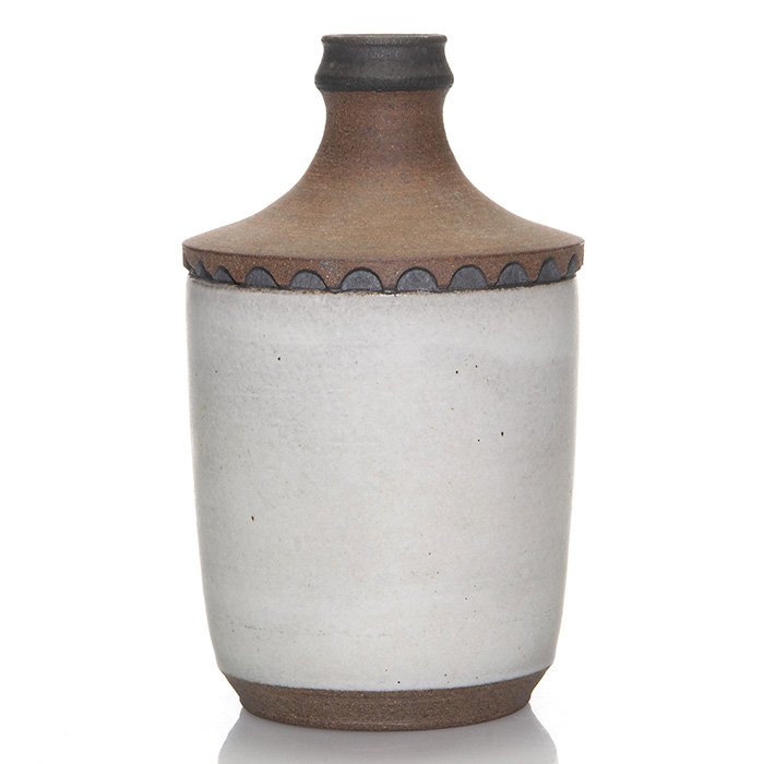 James Lovera vase, San Jose State College, 8 1/4”: Stoneware vase with done in white, brown and black slip with a carved, scalloped band done by James Lovera, most likely while a teacher at the San Jose State College from 1948 until approximately 1986