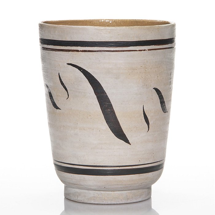 John Foster (Detroit) ceramic vase, 7 3/4”: John Foster ceramic vase with simple designs in brown on a cream ground. Signed “Foster” in brown on the bottom. Height 7 3/4 inches. Excellent original condition. After working for Ford Motor Com