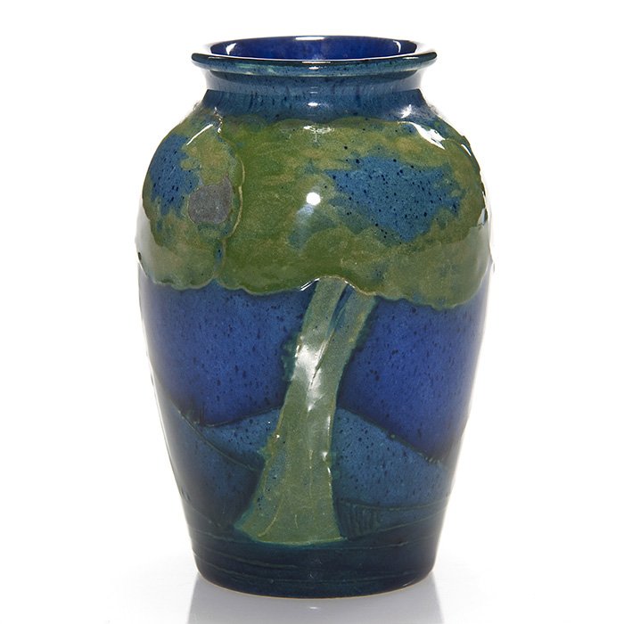 Diminutive Moorcroft Moonlit Blue vase, 3 1/2”: Moorcroft Moonlit Blue vase. Impressed Moorcroft Made in England on the bottom. Height 3 1/2 inches. There is a factory glazed over stilt pull off the foot ring and an unobtrusive 3/8 inch by 1/4 inch