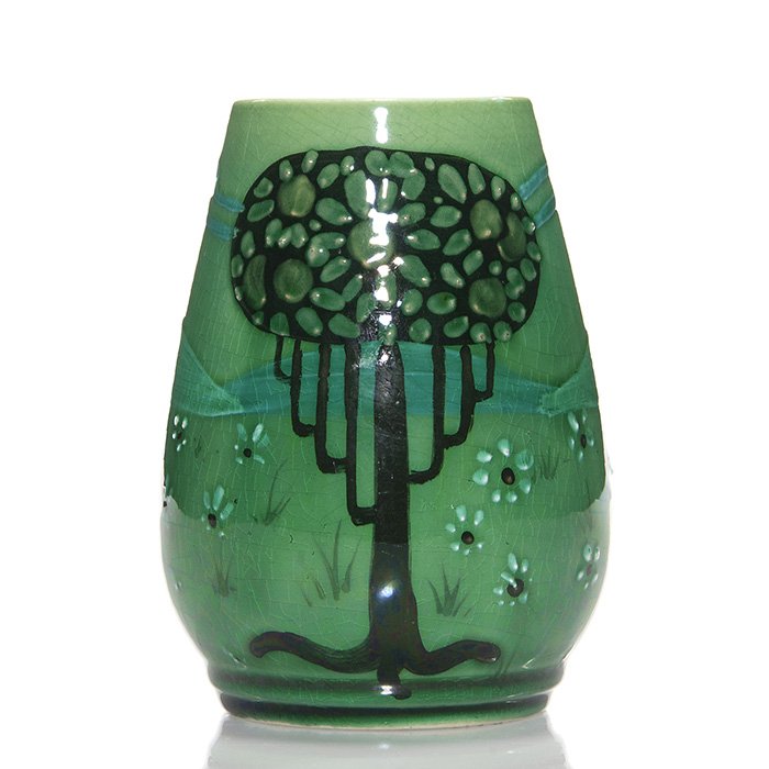 Wardle summer scenic vase, R. Dean, 5”, marked: Neat Wardle English vase painted by R. Dean with a dreamy summer landscape of flowering topiary trees in a pasture of daisies with hills on the horizon and rhythmic clouds in the sky. Height 5 inches.