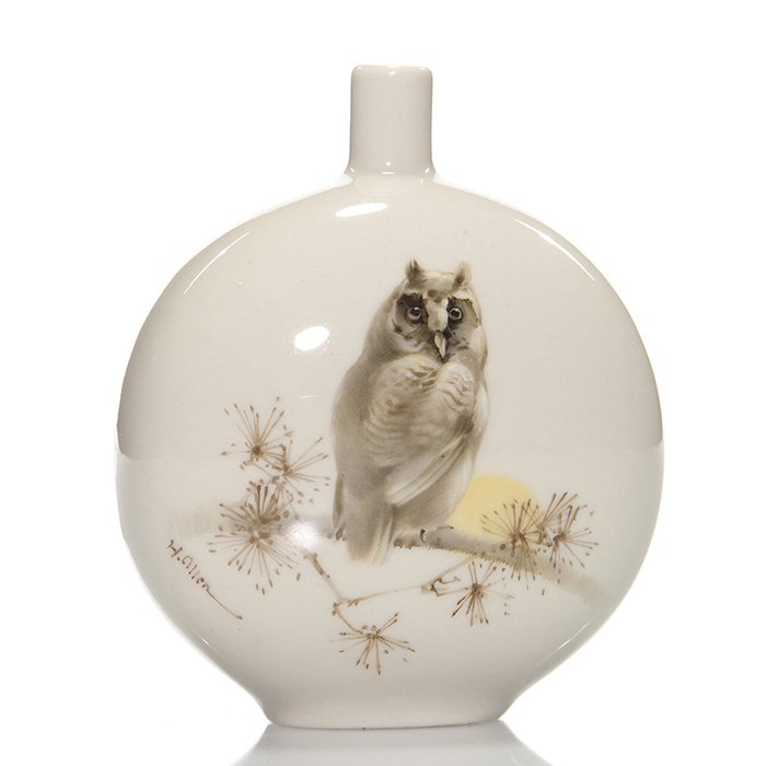 Royal Doulton Titanian vase, owl, H. Allen, 4”: Beautifully crafted Royal Doulton Titanian vase showing an owl perched on a branch with a bright yellow sun coming up behind. Painted by Harry Allen, the vase stands 4 inches tall and is marked with t