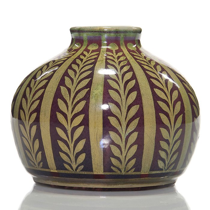 Pilkington’s Lustre vase, Richard Joyce, 4 1/2”: Pilkington’s Royal Lancastrian Lustre vase decorated with a repeating floral design, the work of Richard Joyce in 1925. Impressed on the bottom “8178 Royal Lancastrian England” and having the ar