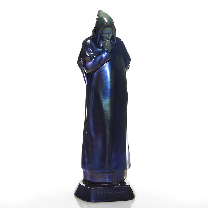 Zsolnay statue, “Meditazione” 1933, 14 1/2”: Zsolnay statue of a monk entitled “Meditazione” and covered in a nice example of purple/blue Eosin glaze. “Meditazione” is cast on the plinth. Impressed on the base with 8154 and stamped with 
