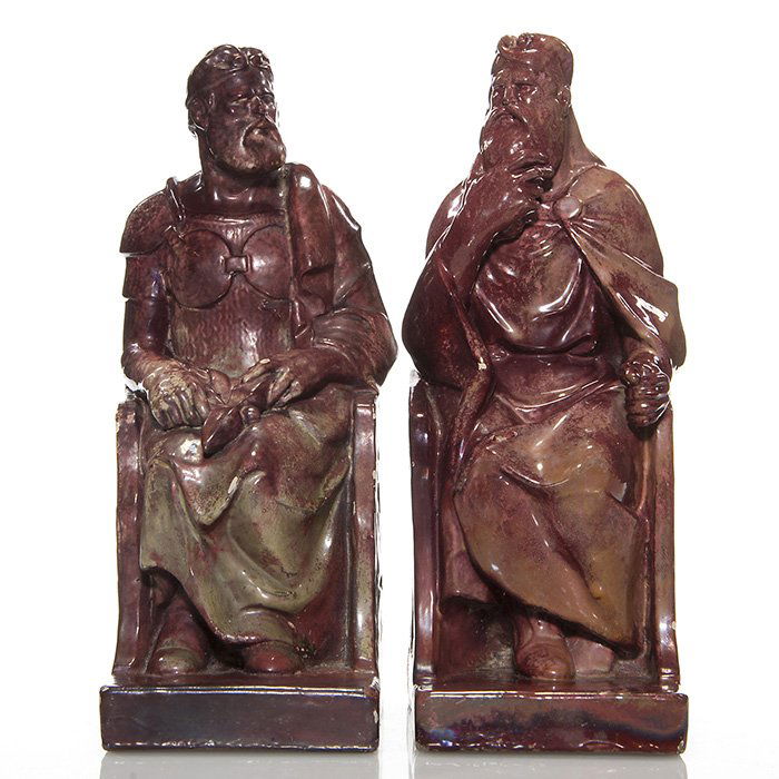 Pr Herman August Kahler Warrior/King bookends, red: Imposing Warrior and King ceramic block bookends by Danish artist Herman August Kahler and designer Karl Hansen Reistrup. Each bookend is impressed “KHR” on the back and hand incised “HAK” wit