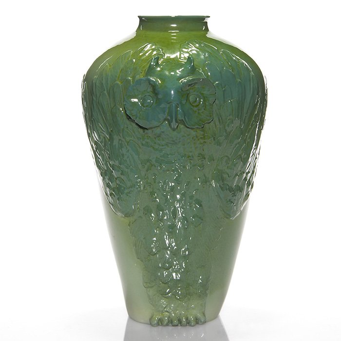 Rare Rorstrand owl vase, Alf Wallander, 11 3/4”: Large hand modeled porcelain vase thought to be an Alf Wallander design done by Rorstrand. Decoration consists of a pair of three dimensional owls complete with feathers and little feet, one on either