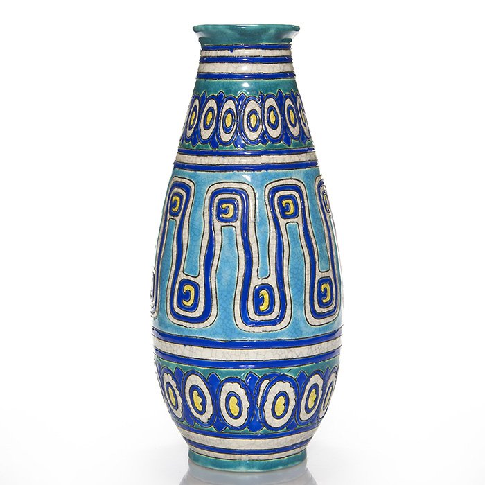 Tall Boch Freres vase, Catteau design, 12 1/2”: Tall Boch Freres crackle ware vase with repeating geometric patterns in blue, green and yellow, a Charles Catteau design. Impressed with shape 805 and bearing the blue “Boch F” ink stamp with desi