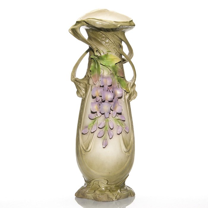 Tall Amphora vase, figural wisteria, 20 1/4”: Tall Amphora Art Nouveau vase with vine handles and the application of flowering wisteria on the front and molded with swags, flowers and leaves on the back. Height 20 1/4 inches. Impressed with a fou