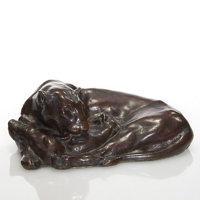 Anna Hyatt bronze sculpture, lioness w/cubs, 6”L: Anna Hyatt bronze sculpture conveying a tender moment, a Mountain lioness caressing her two young cubs. Measures 2 1/2 inches by 6 inches in length. Marks include the impressed “Gorham Co. Founders,