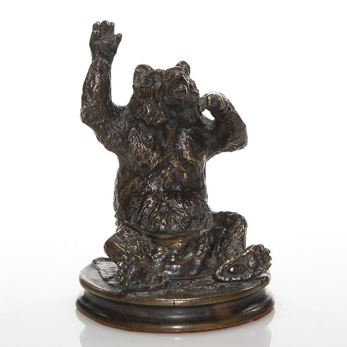 C. Fratin bronze bear, loin pack, begging, 5”, marked: Christophe Fratin bronze bear, seated on a rug, begging and wearing a loin bag with coins strewn in front of him. Height 5 inches. Marked “Fratin” on the plinth. Well detailed. Nice patina.