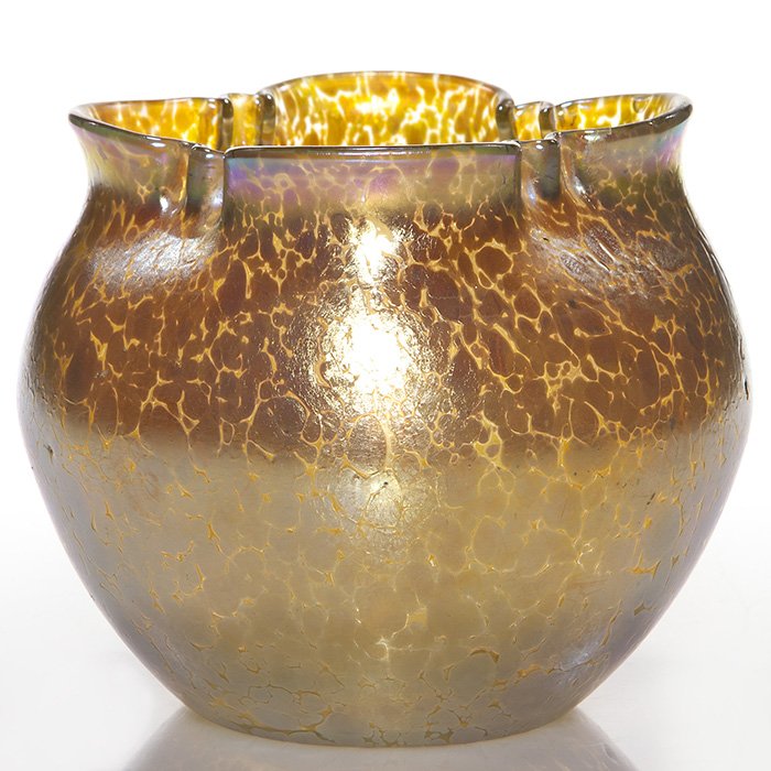 Loetz Candia Papillon vase, 4 lobed rim, 5 1/2”: Ample Loetz Candia Papillon vase sporting a nice 4 lobed rim. Height 5 1/2 inches by 7 inches across. Bright & shiny. Excellent original condition.