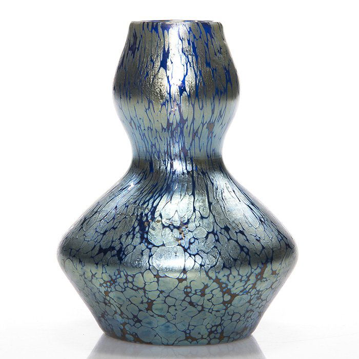 Loetz Cobalt Papillon gourd vase, 6”: Nice Loetz cobalt Papillon double gourd vase. Height 6 inches. Attractive silvery design with just a hint of gold. Excellent original condition.