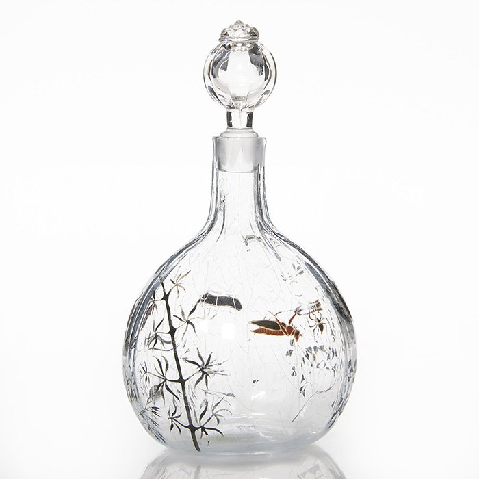 Galle’ crystal decanter, enamelled insects, 7 3/4”: Emile Gallé crystal spirit decanter, enamel & gold decorated with grasshoppers, spiders, beetles and a teensy fly that has taken refuge among maiden hair ferns and weedy grasses and signed via enamel