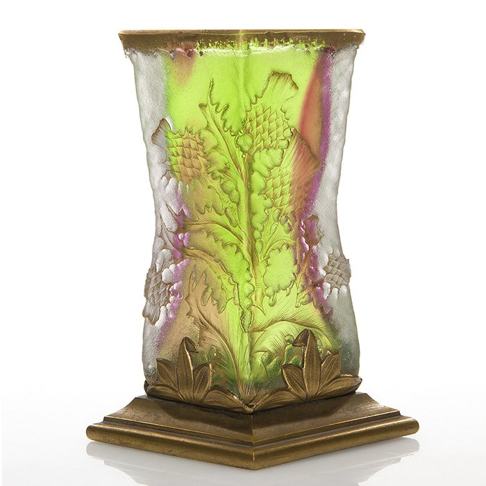 Daum Nancy cameo vase, metal mount, 5”: Daum Nancy cameo vase, a corset diamond form and fitted within a gilt base with cut out foliage on the sides. The textured ruby and green body is cut with thistles and foliage and hand detailed with g