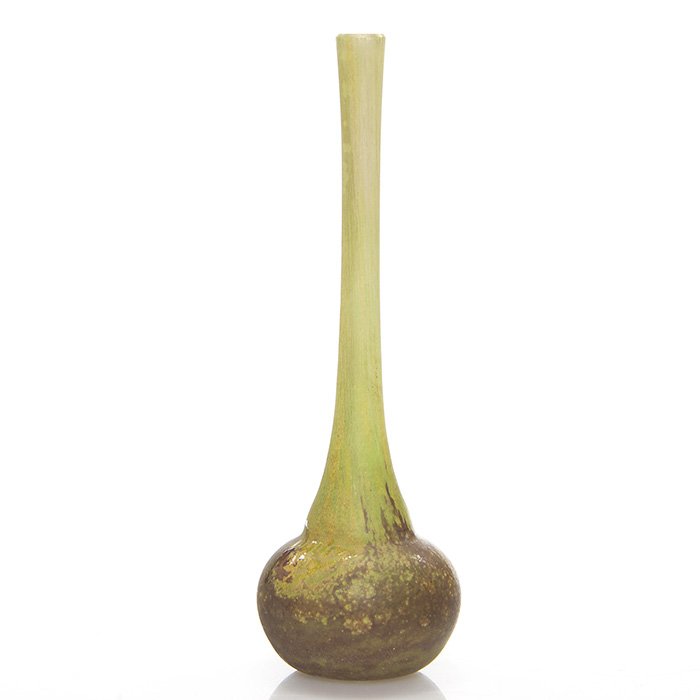 Miniature Daum Nancy stick vase, 6”, signed: Good miniature Daum Nancy stick vase mottled in earth tone colors and acid marked “Daum Nancy” on the side. Height 6 inches. Just as cute as can be! Teensy tiny rim nick, otherwise excellent beaut
