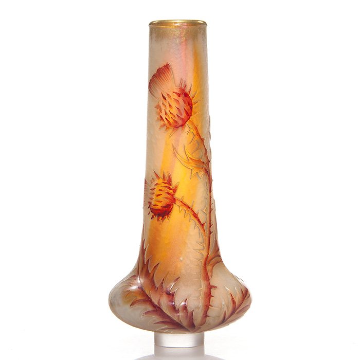 Daum Nancy cameo rainbow vase, thistle, 4 7/8”: Daum Nancy cameo rainbow vase with thistles enameled in burgundy and highlighted by gold. Height 4 7/8 inches. The frosted disc base would have been fitted with a metal foot. In otherwise, excellent c