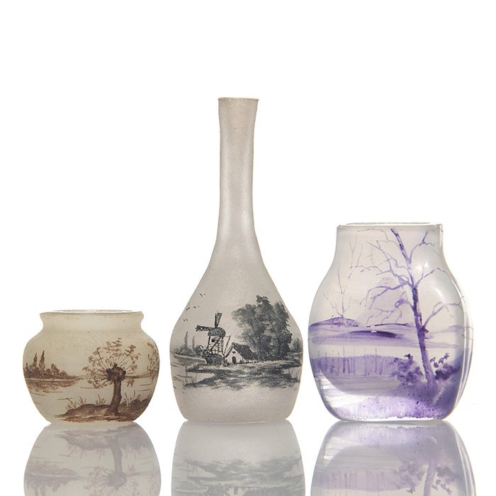 3 Daum Nancy miniature enameled vases, 2 signed: Three miniature Daum Nancy enameled vases. 1) Stick vase with windmills and ships in the harbor. Height 2 3/4 inches. Signed. 2) Teensy 1 inch with a lake & islands of trees. Signed. 3)Flat sided nice