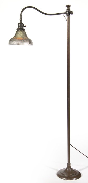 Handel floor lamp, chipped ice shade, 57 3/4”: Handel floor lamp accompanied with a chipped ice painted shade. The bronze base stands 57 3/4 inches and has a swivel light socket on an extended adjustable arm. Handel is impressed into the weight in