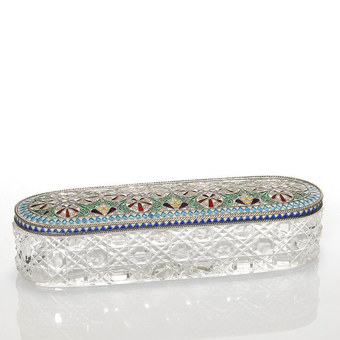Silver Plique-a-Jour oval dresser box, 1 3/4”X8”: Silver gilt Plique-a-Jour and cut glass dresser box. The plique-a-jour enamel cover having floral, teardrop and diamond designs in a colorful mix that includes ruby, turquoise, yellow, turquoise and c