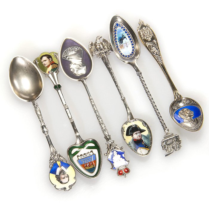 6 silver enamel portrait spoons, 4 marked 800, 5”: Six silver enamel spoons, four marked 800. Five of the 5 inch spoons show portraits consisting of Kaiser Wilhelm II (gold washed), William Shakespear, a spoon marked Fürst Bismark with the visage of 