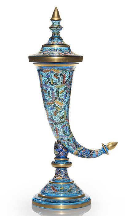 Moser covered cornucopia, sapphire, oak leaves, 18”: Impressive Moser footed cornucopia with matching cover. The Prussian blue glass is profusely enamel decorated with acorns and leaves in an assortment of beautiful enamel color and having bright gold a