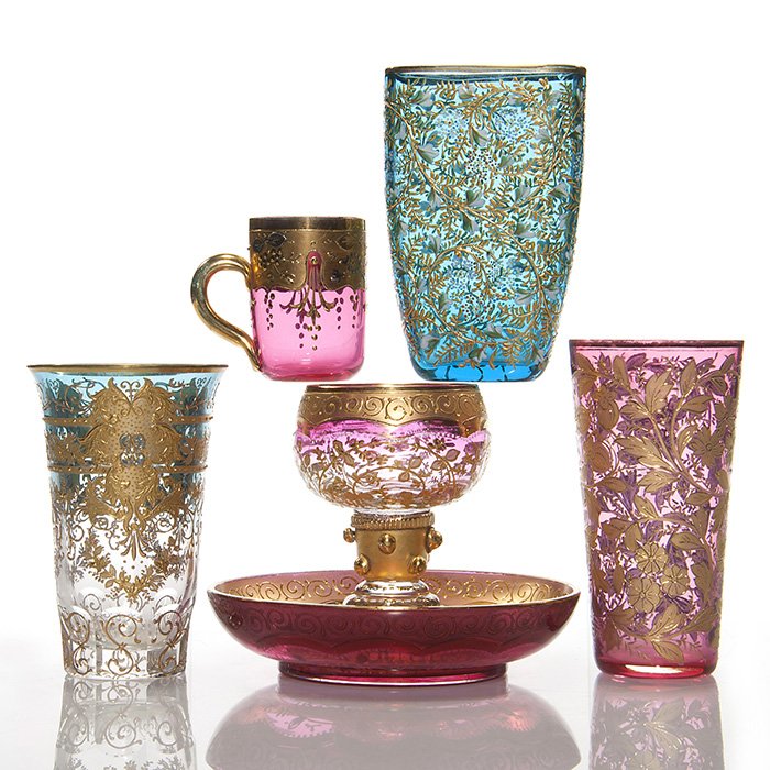 6 Moser group, cut tumbler, sturrip cup, demitasse: Choice Moser 6 piece group. 1)Impressive 4 inch juice tumbler with fluted cut base, the sides garnished with delicate gold design on blue to clear. 2)Good 4 inch Prussian blue stirrup cup with tiny en