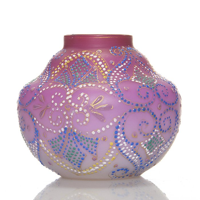 Webb Peachblow miniature vase, enameled, 2 1/2”: Miniature Webb Peachblow gourd vase fastidiously hand enameled by a skillful & patient artist surrounding the vase with “petit point” patterns. Measures 2 1/2 inches by 3 inches across. Minor enam