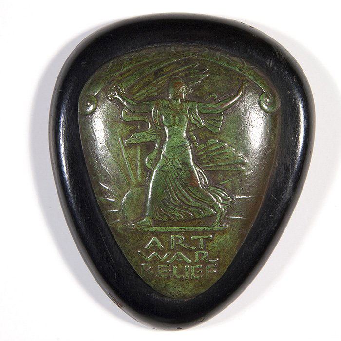 Paul Manship bronze “Art War Relief” medal, 4” x 3”: Paul Howard Manship (American, 1885-1966) bronze Art War Relief medal titled “Victory Art War Relief” with base. Size with base is 4 inches by 3 1/2 inches - bronze itself measures 3 inches by 2 1