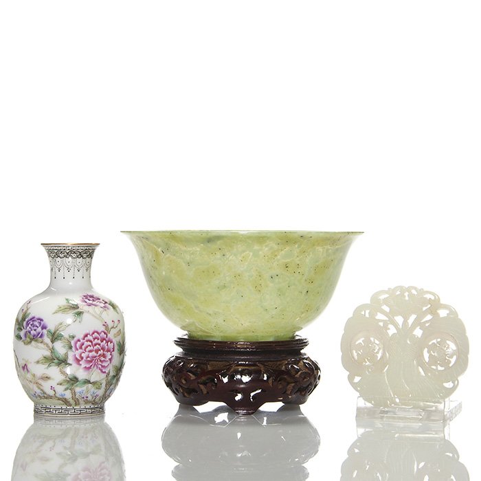 3 items:Jade bowl, Shell porcelain vase, Jade bi-disc: Three Oriental items. 1)Reticulated white Jade 2 3/8 inch “Wheel of Life” bi-disc ornament carved with a moth, the symbol of rebirth, the wings having gyrating floral wheels. 2)Miniature 3 inch Eg