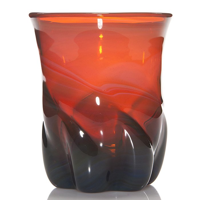 Early Dominic Labino orange & grey vase, 5 3/4”, ‘68: Early Dominick Labino cadmium orange vase with a melon rib swirl base and marbled with gray, green & blue. Measures 5 3/4 inches by 4 3/4 inches across. Engraved “Labino, 1968” on the bottom. Attr