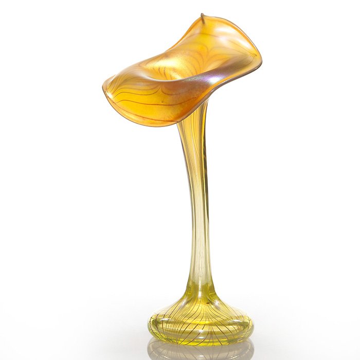 Orient & Flume pulled feather jack in pulpit, 12 1/2”: Good Orient & Flume Jack-in-the-Pulpit vase in citron yellow with a raspberry pull feather design and a pretty iridescent gold flip and twist pan. Measures 12 1/2 inches, the pan 6 inches across. Sign