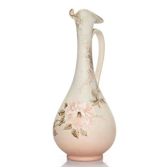 Rookwood Dull Finish Ewer, Toohey, 1888, 6 3/4”: Dull Finish Ewer decorated with a pair of white and pink roses and gold highlights, the work of Sallie Toohey in 1888. Marks include the Rookwood logo, which indicates the date, shape 381 C, an impres