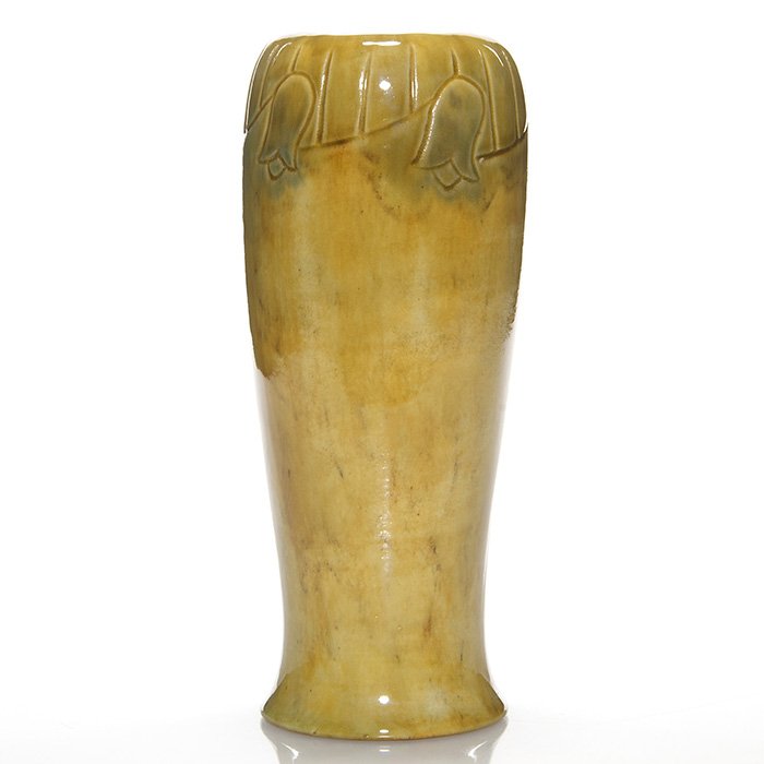 Rookwood vase, Todd, glossy finish, 1912, 8 7/8”: High glaze vase incised and decorated with a repeating flower design, the work of Charles Todd in 1912. Marked on the base with the Rookwood logo, date, shape which is obscured and the artist’s inci