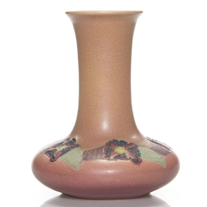 Rookwood carved mat floral vase, Todd, 1917, 9”: Mat glaze vase with an incised and decorated ring of flowers at the shoulder, the work of Charles Todd in 1917. Marks include the Rookwood logo, date, shape 670 C and the artist’s initials incised. 