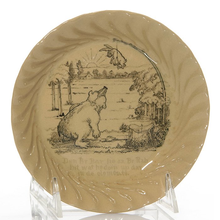 Rookwood Uncle Remus dish, Cranch, 1888, 6 3/8”: Rookwood dish decorated with another rendition of an Uncle Remus story, the work of Edward P. Cranch in 1888. Cranch obviously was very fond of the Joel Chandler Harris tale. The decoration shows Brer