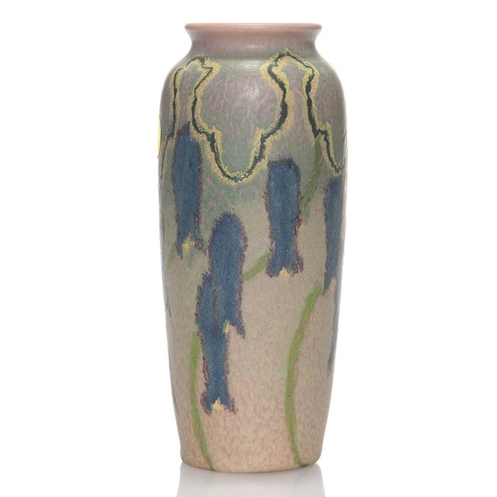 Rookwood mat vase, Todd, 1921, 904 E, 7 3/8”: Mat glaze vase decorated with a floral design in blue, yellow, red and green mat glazes, the work of Charles Todd in 1921. Marks include the Rookwood logo, date, shape 904E and the artist’s incised 