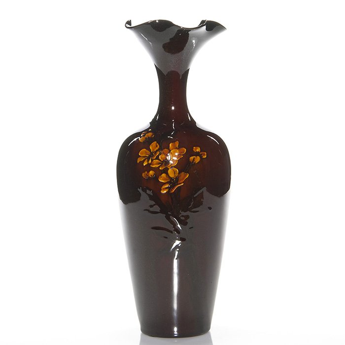 Rookwood Standard vase, floral, Fry, Tiger Eye, 12”: Rookwood Mahogany vase (Standard glaze on red clay) with simple yellow flowers done by Laura Fry in 1886. Patches of Tiger Eye effect are visible around the flowers and under the rim. Marks include th