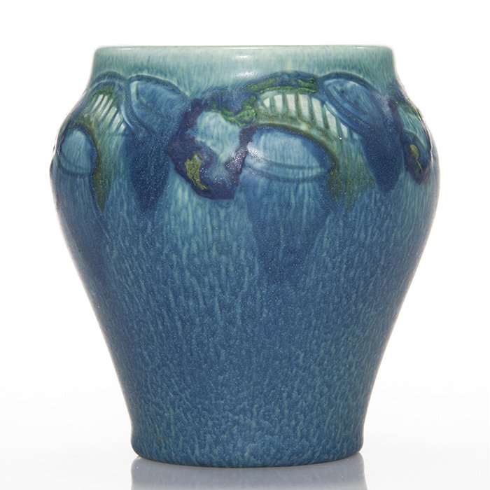 Rookwood Mat glaze floral, C.S. Todd, 1918, 4 1/2”: Mat Glaze vase with a lightly etched repeating floral pattern at the shoulder, the work of Charles Todd in 1918. Marks include the Rookwood logo, date, shape 961E and the incised initials of the artis